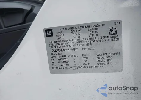 2015 GMC Terrain Sle-1 from USA, damaged, VIN 2GKALMEK6F6194647